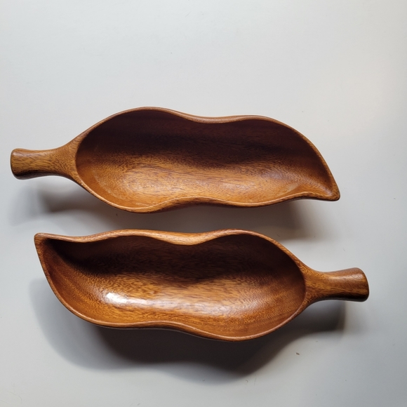 Orobilt VTG MCM Monkey Pod 12x4x2 Wood Set 2 Leaf Fruit Snack Bowl Fall Holidays - Picture 9 of 15